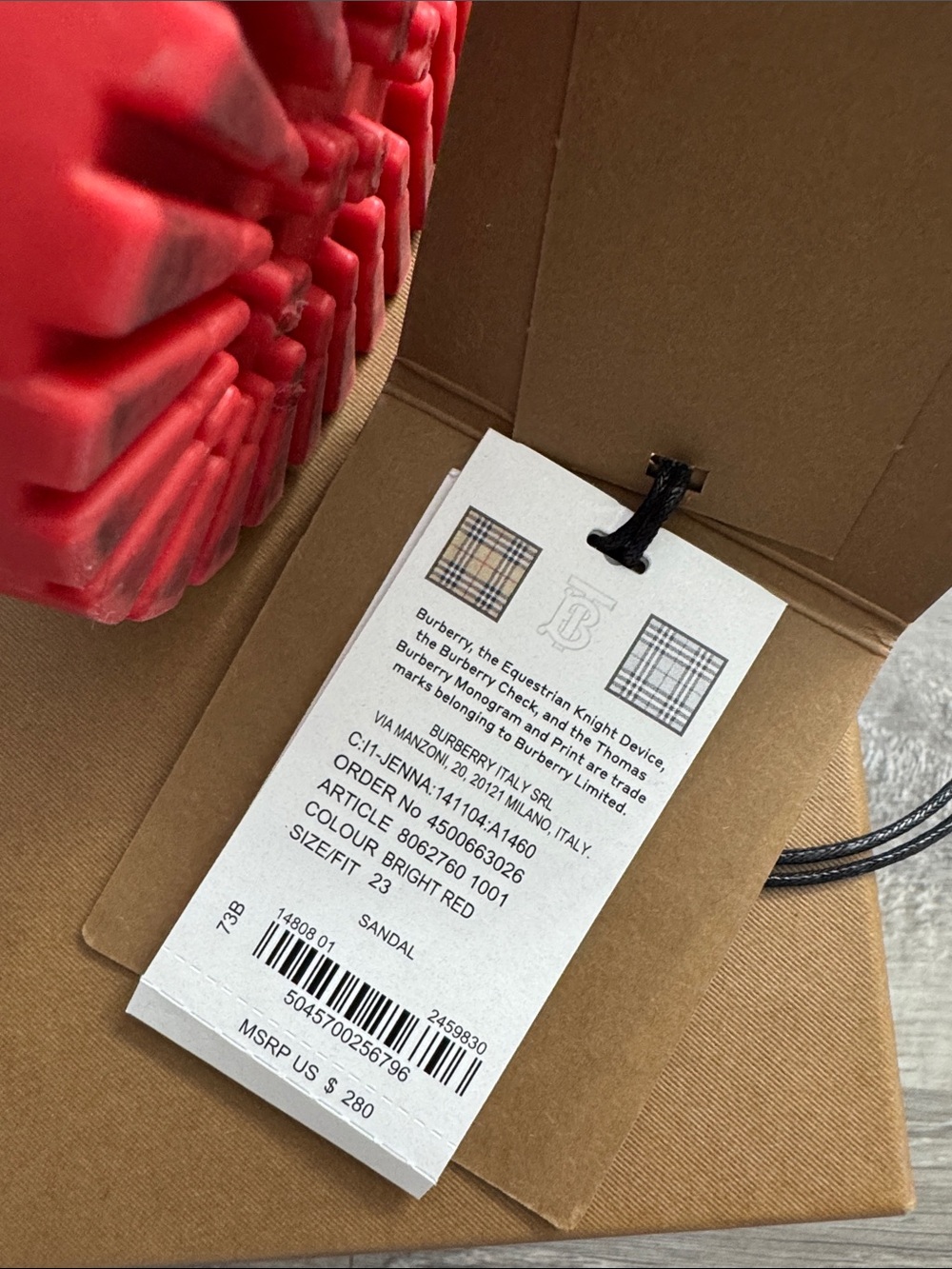 Burberry Red Kids Sandals with Signature Check Insole - Picture 2 of 5